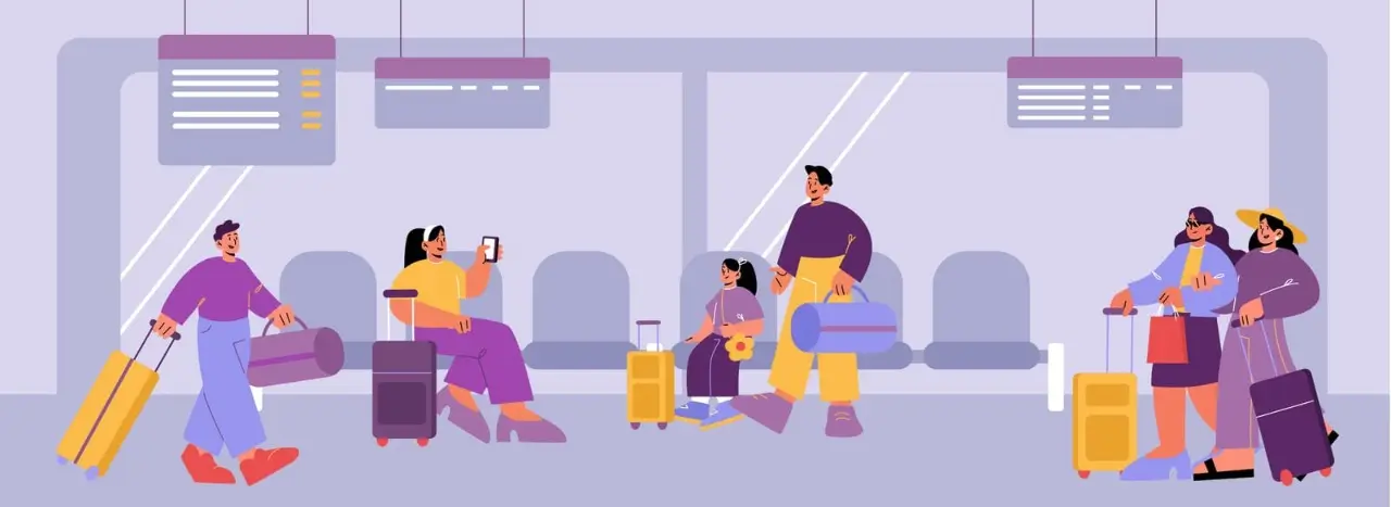 terminal aeropuerto con personas con maletas