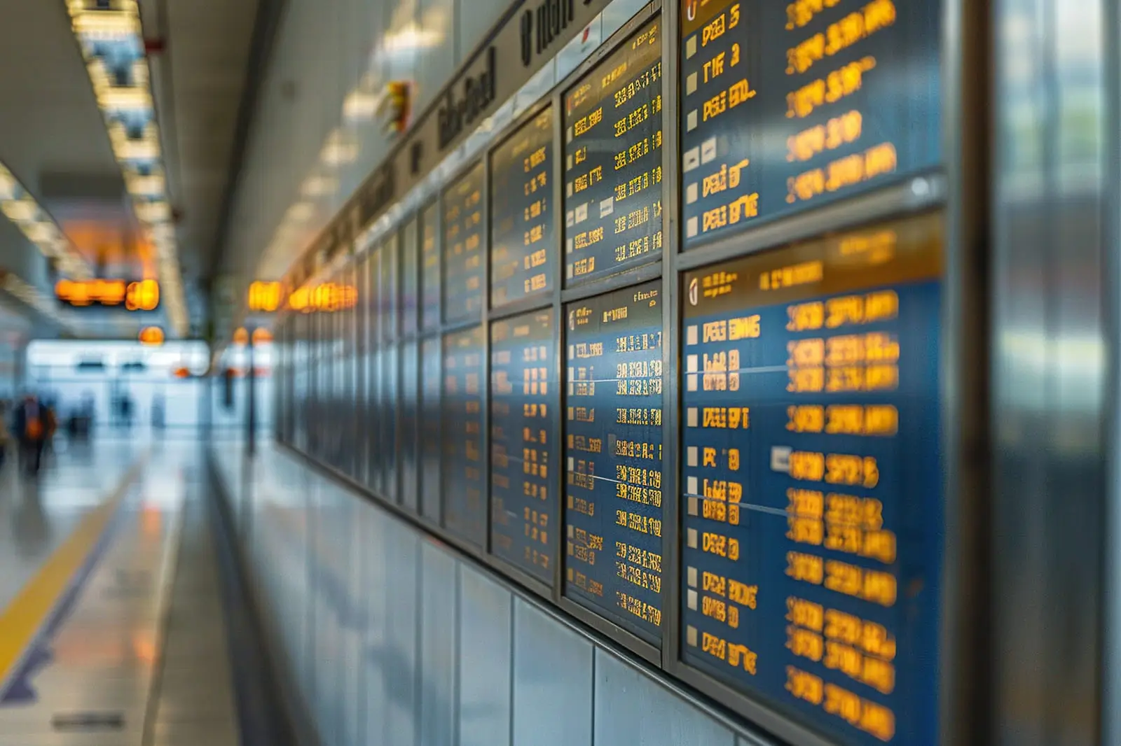 an illuminated airport departures board showing flight statuses