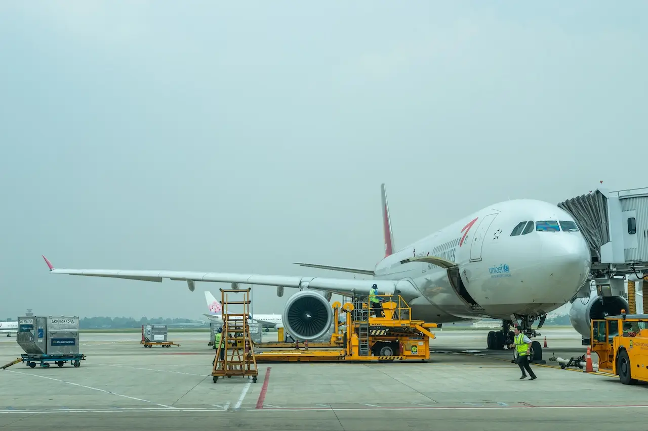 An Asiana Airlines delayed flight preparing for takeoff