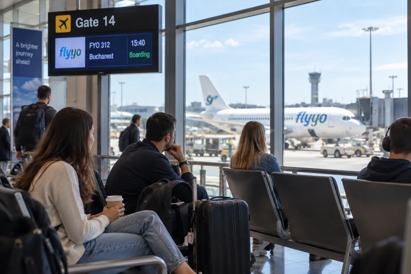 Pasageri aștept&acirc;nd la poarta de &icirc;mbarcare pentru un zbor Flyyo.