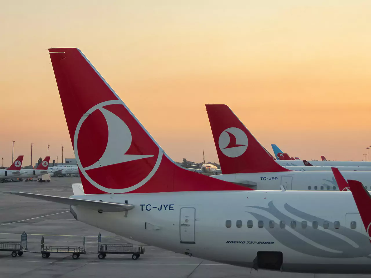 avion de linea aerea turca en la puesta del sol
