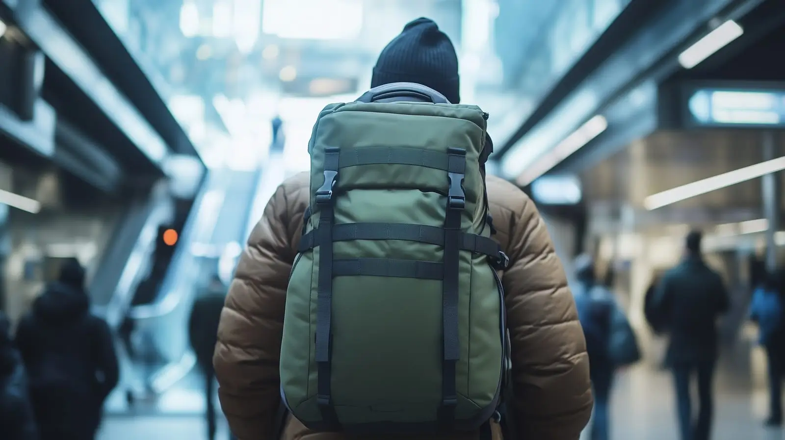 un voyageur avec un sac à dos dans un aéroport