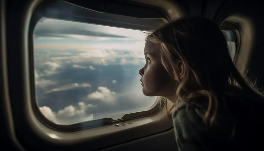 Genrebild över ett barn som tittar ut genom ett flygplansfönster