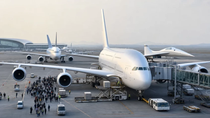 Airbus A380 vid gate p&aring; flygplats