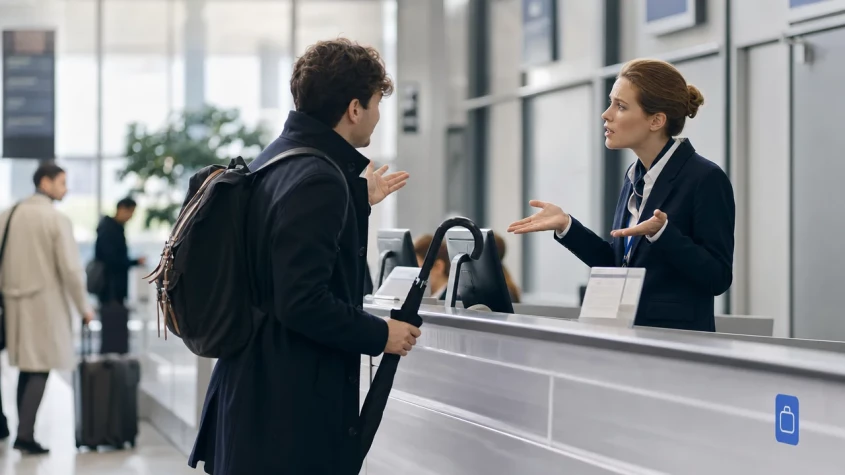 Tv&aring; resen&auml;rer diskuterar paraplyregler vid flygplatsen
