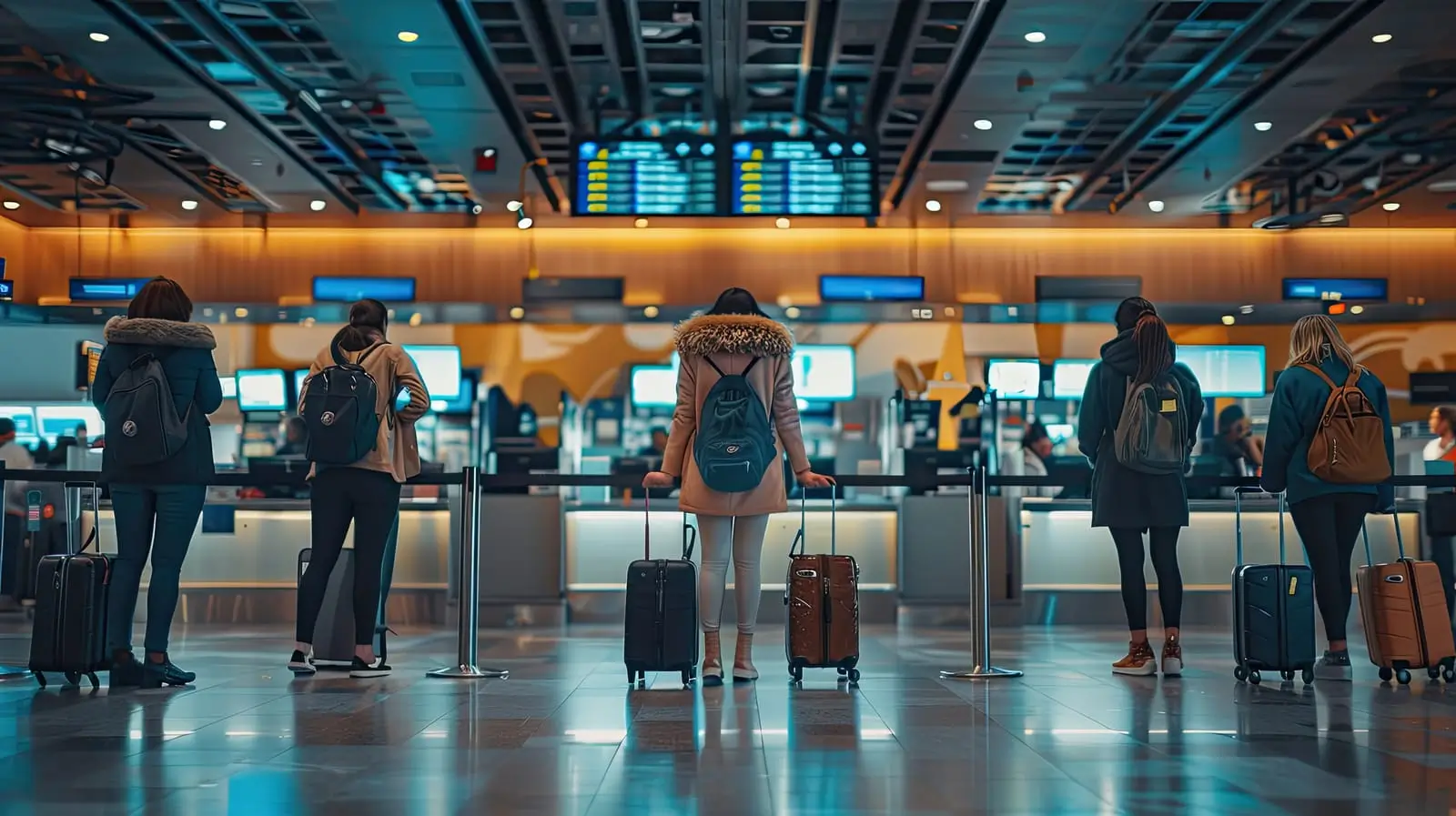 busy airport terminal with travelers checking in at counters