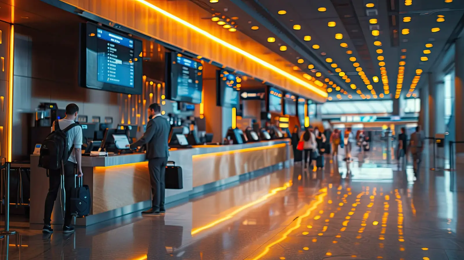 Terminal de aeropuerto muy concurrida con viajeros facturando durante las horas punta de la tarde