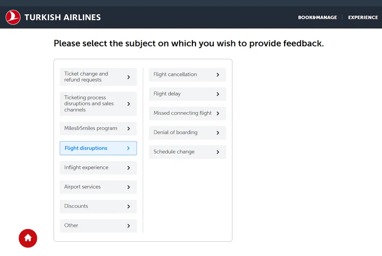 The category options for Turkish Airlines feedback