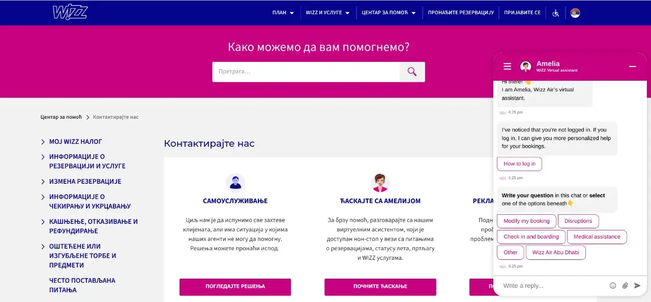 Wizz Air čat podr&scaron;ka