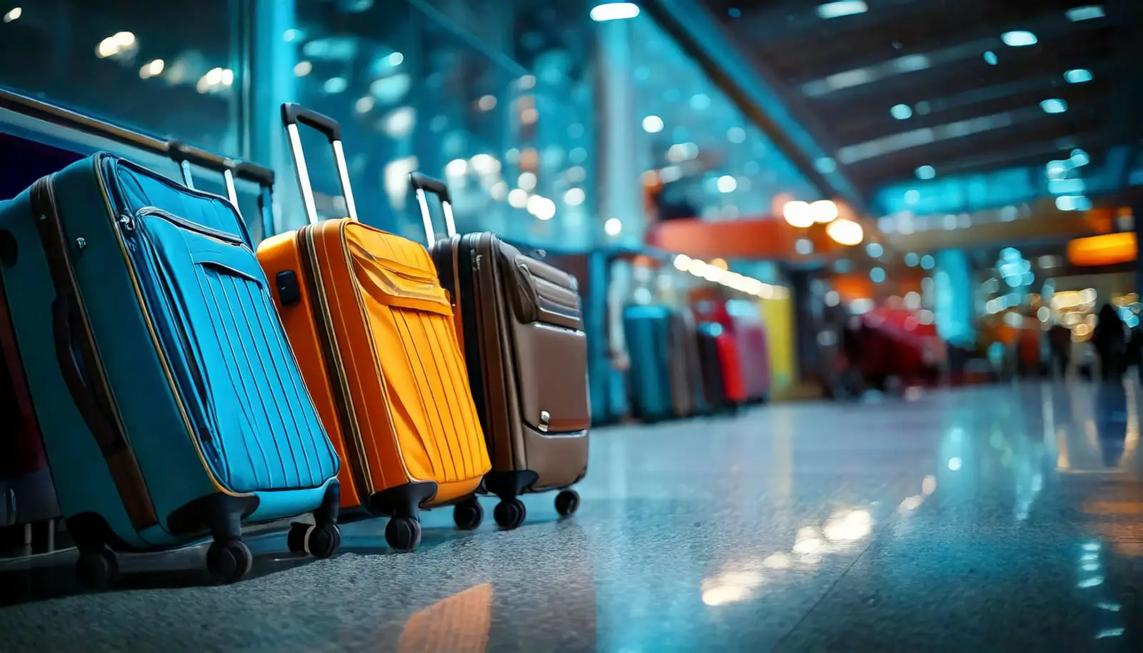 colorful wheeled suitcases stand in a brightly lit airport terminal