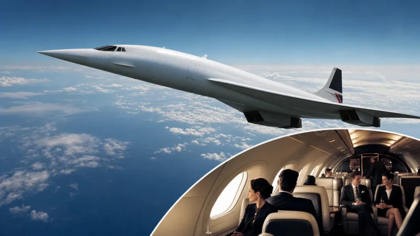 Concorde i luften med interi&ouml;rbild av kabinen