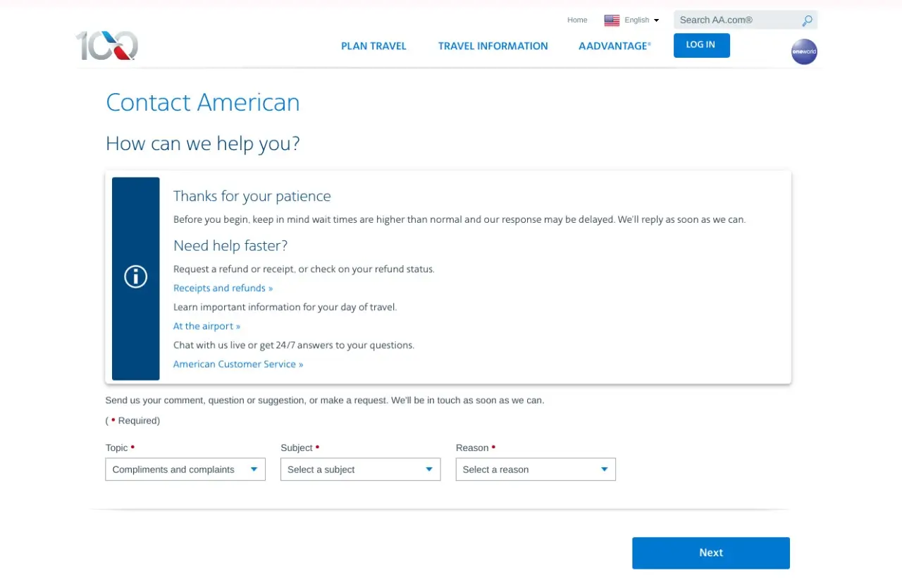 contact form american airlines