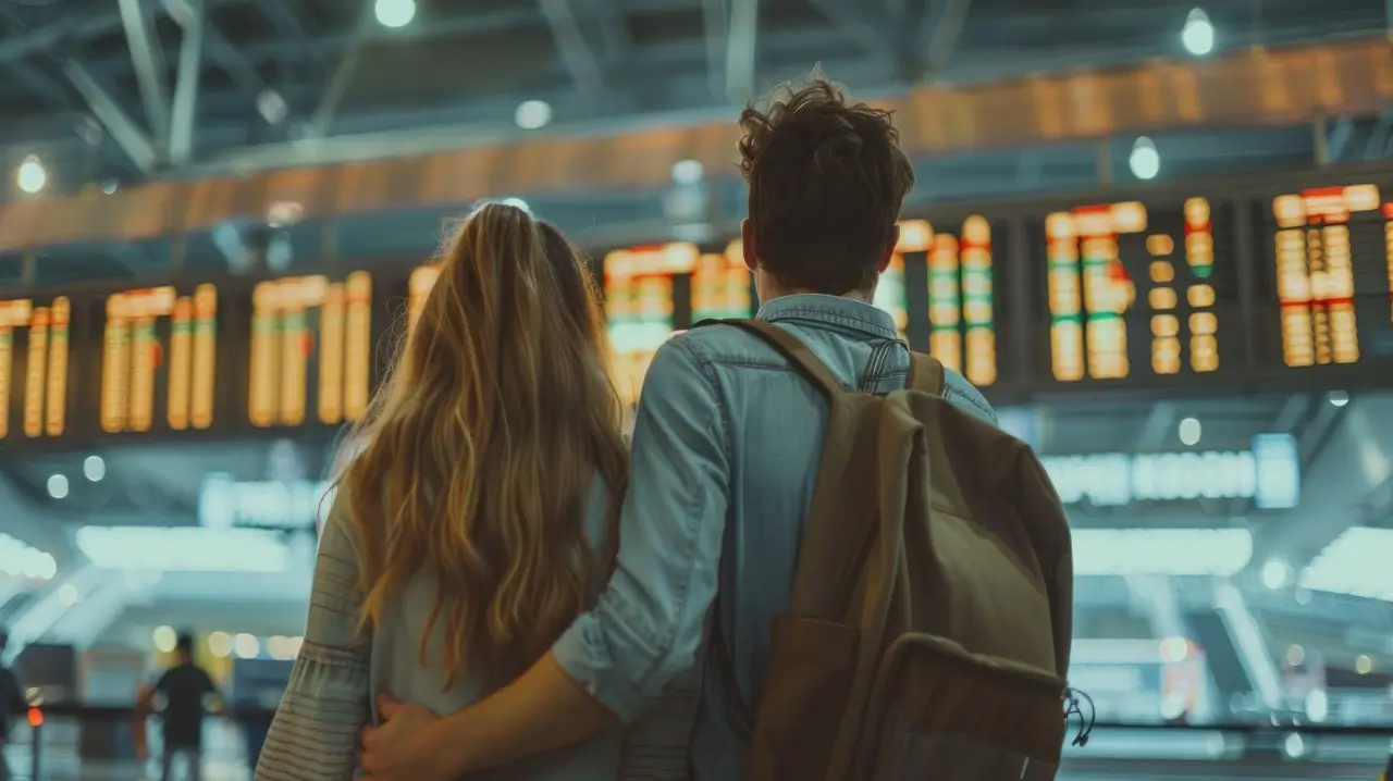 pareja de viajeros mirando el horario de vuelos en el aeropuerto