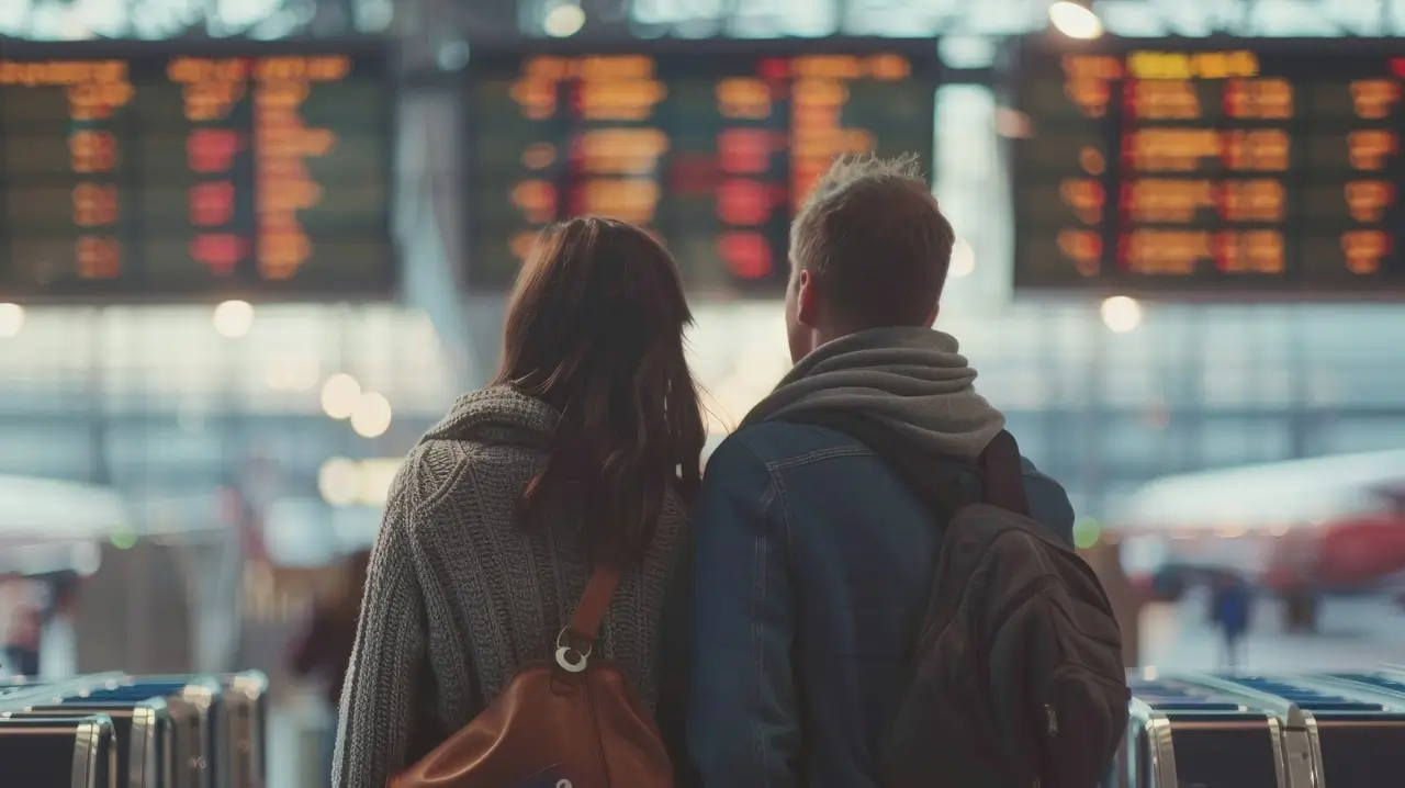pareja que viaja y mira el horario de vuelos en el aeropuerto