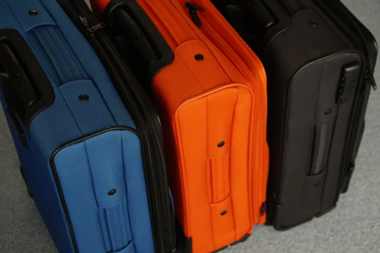 de mångfärgade resväskorna som ligger sida vid sida
