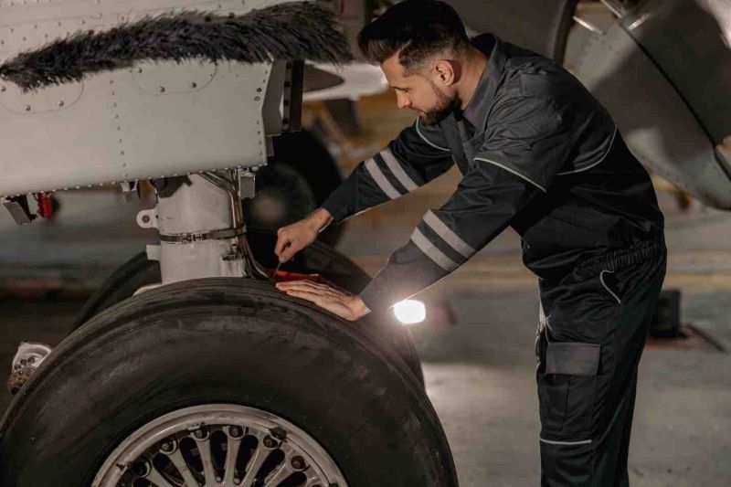 an airplane mechanic checking the landing gear