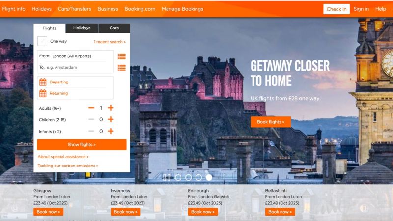 a screenshot of th easyjet website where you can purchase tickets