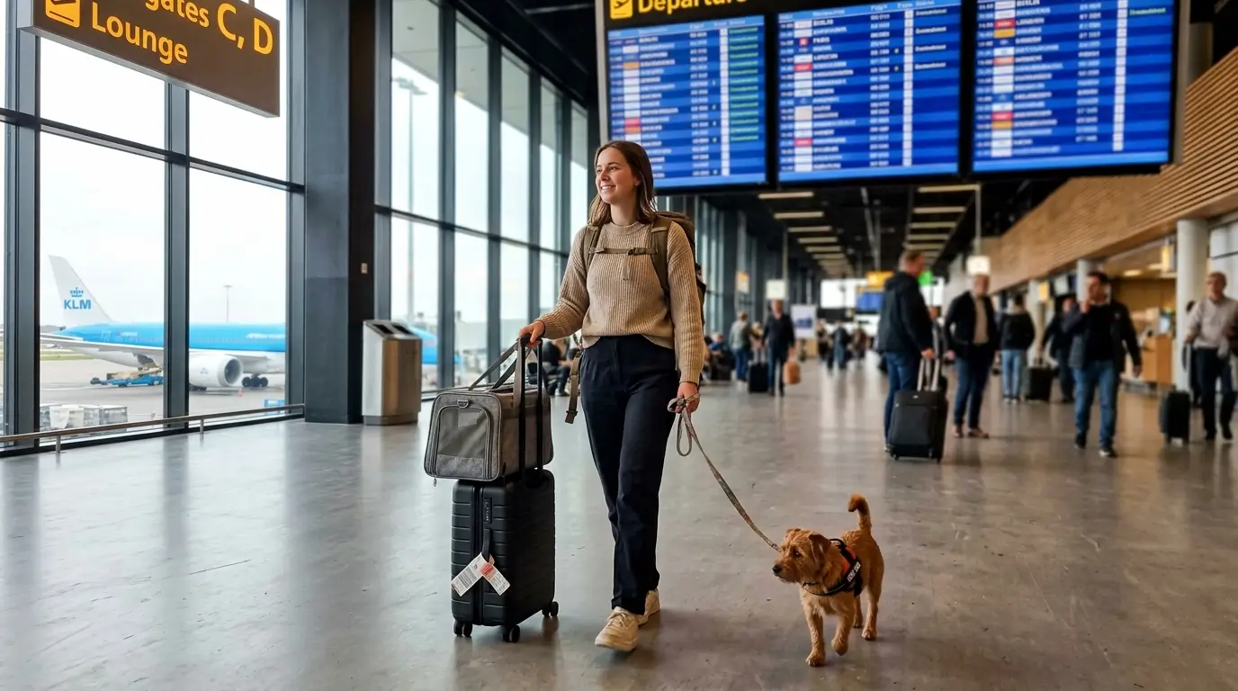 een vrouw met bagage en haar hond loopt door een luchthaven