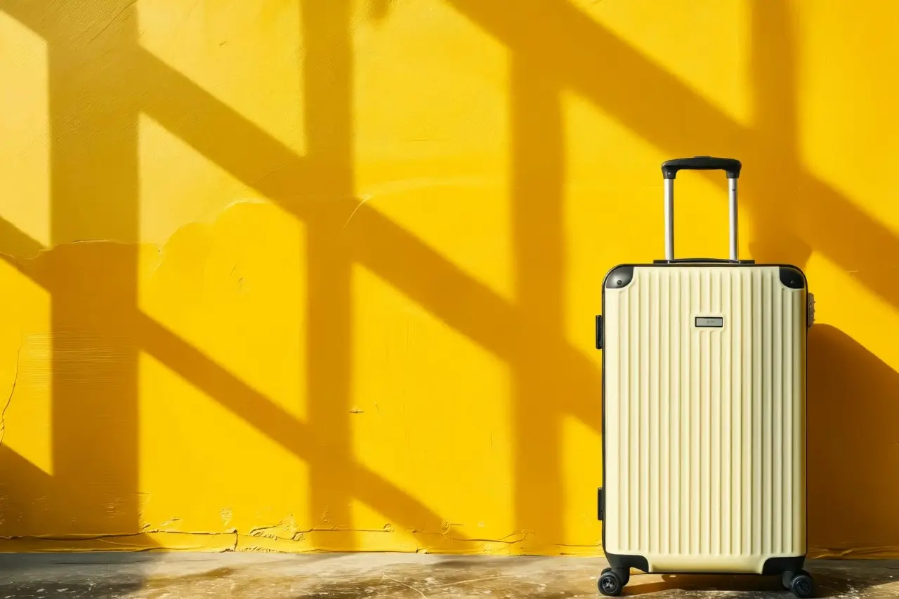 en beige resväska på en gul bakgrund