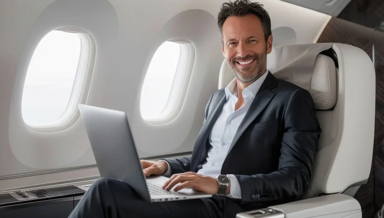 en man som ler mot sin dator på ett flygplan