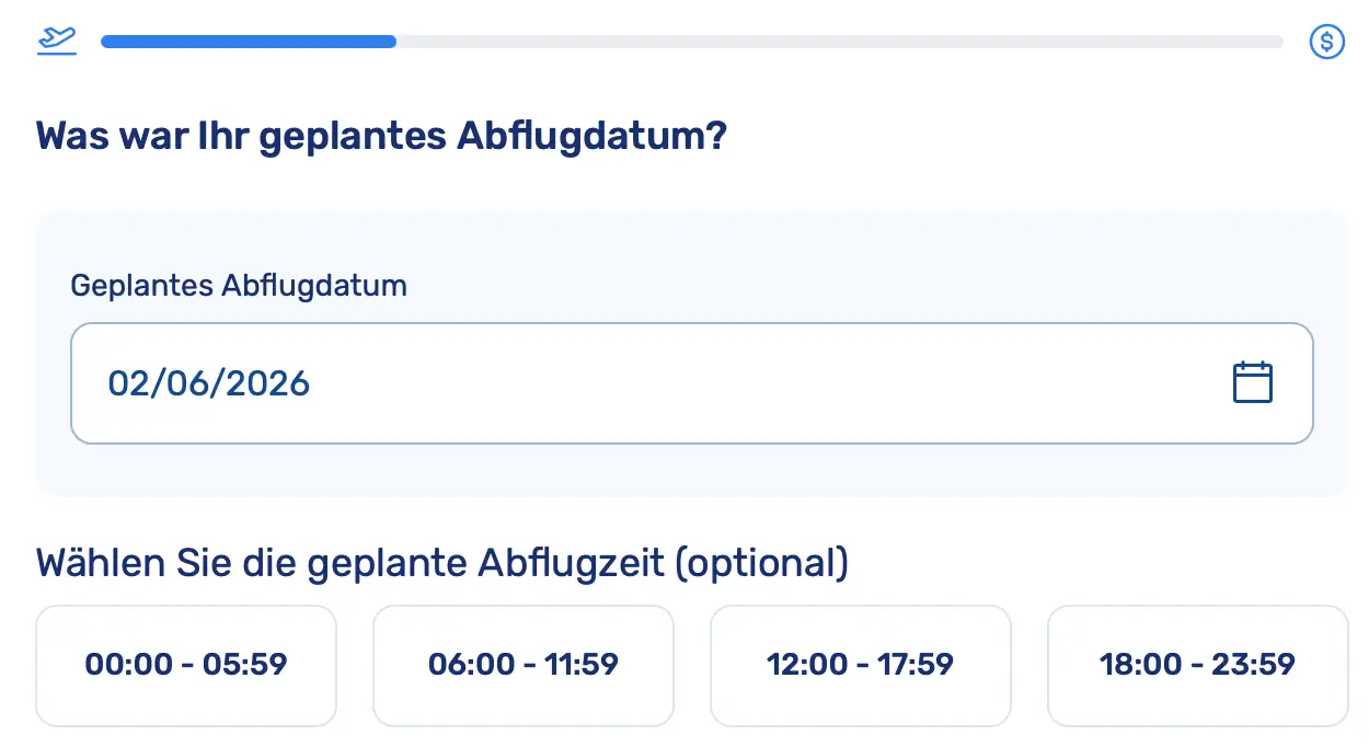 Entsch&auml;digungsrechner: geplantes Abflugdatum und Abflugzeit eingeben