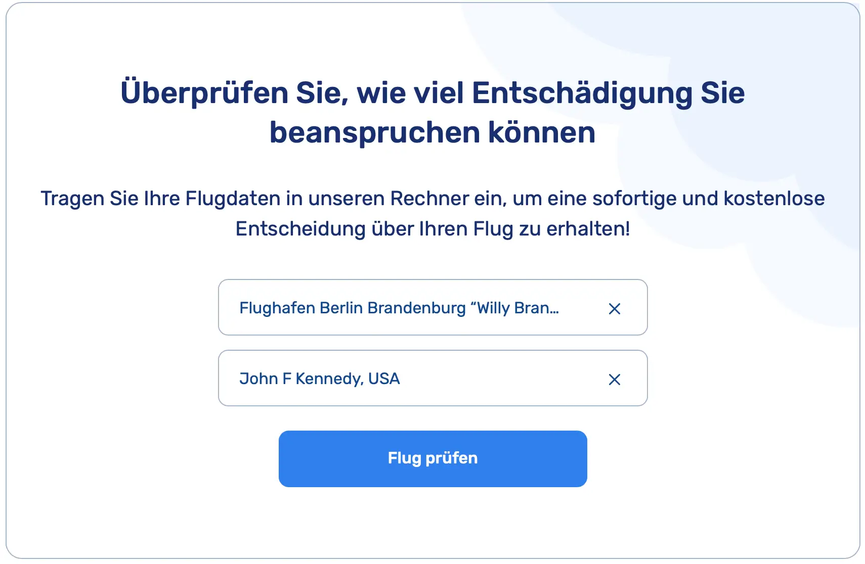 Entsch&auml;digungsrechner: Abflug- und Zielflughafen eingeben, Beispiel Berlin nach New York JFK