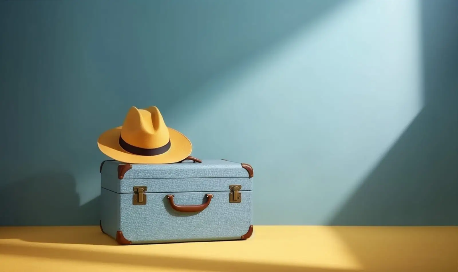 en blå resväska och en gul hatt