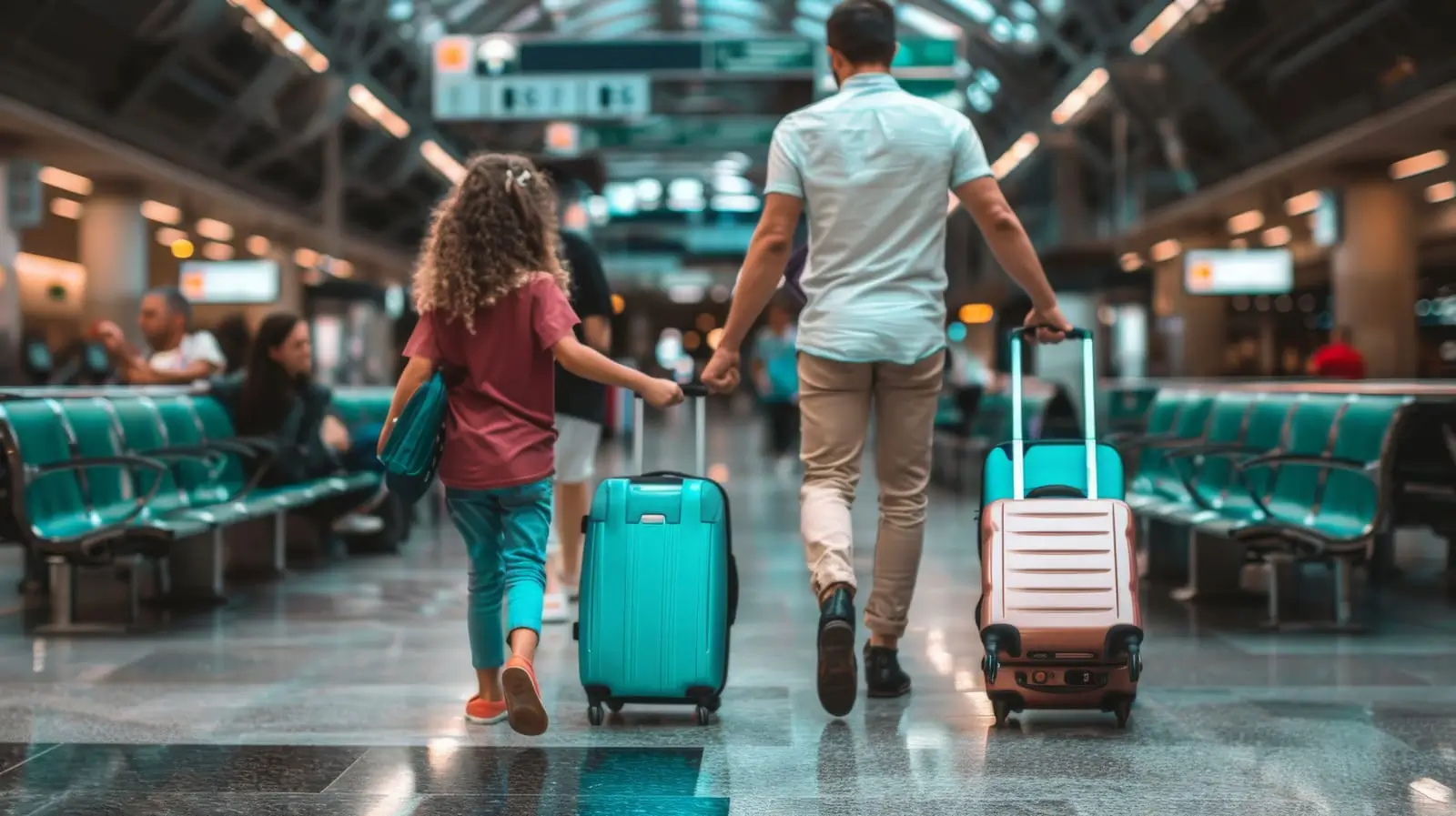 père et fille avec leurs bagages dans un aéroport