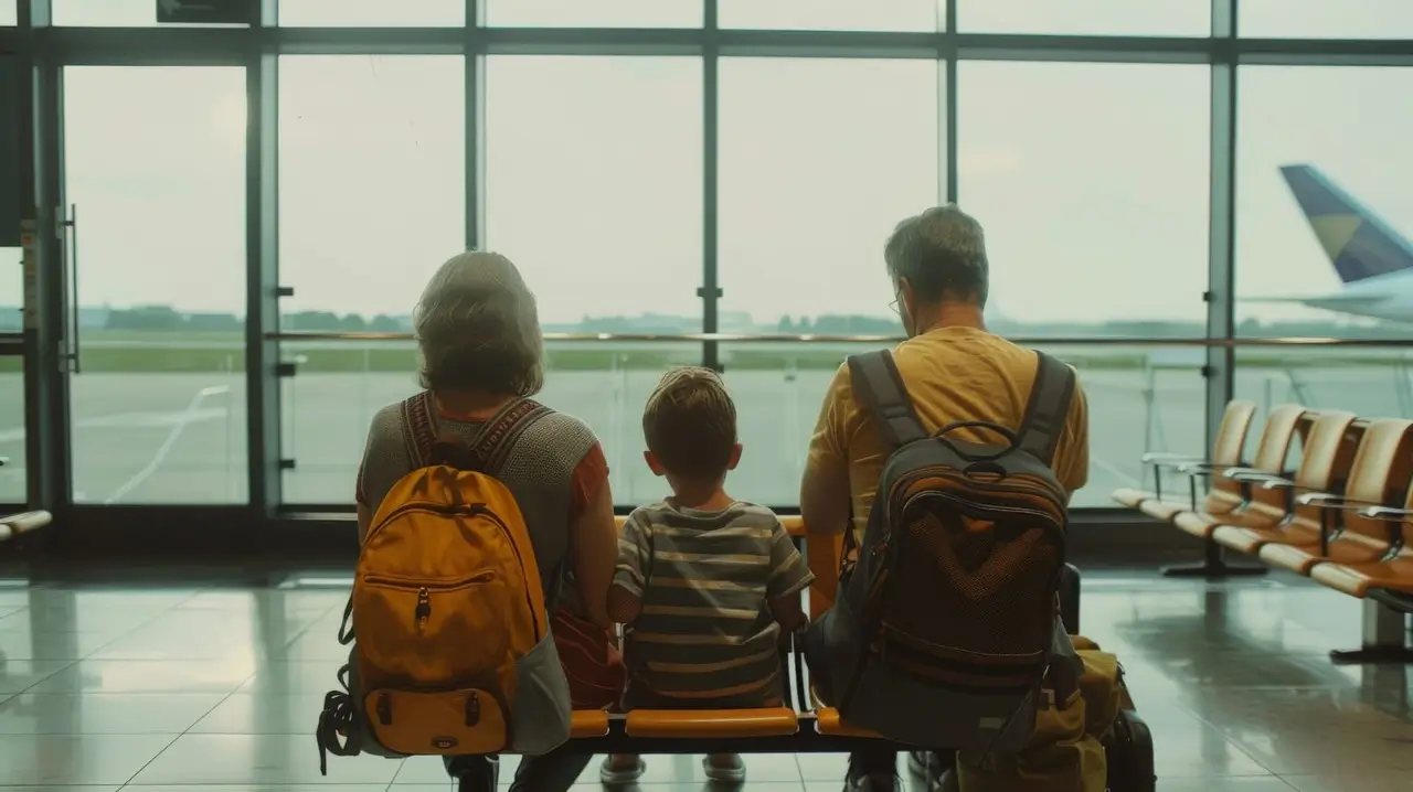familia espera en terminal de aeropuerto
