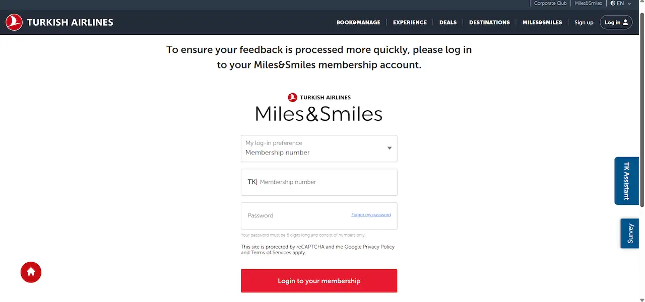 The start page of the feedback form for Turkish Airlines compensation