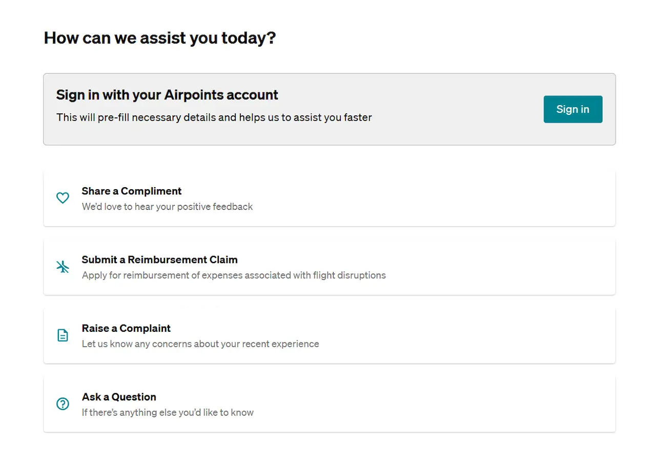 The feedback form start page for an Air New Zealand reimbursement request