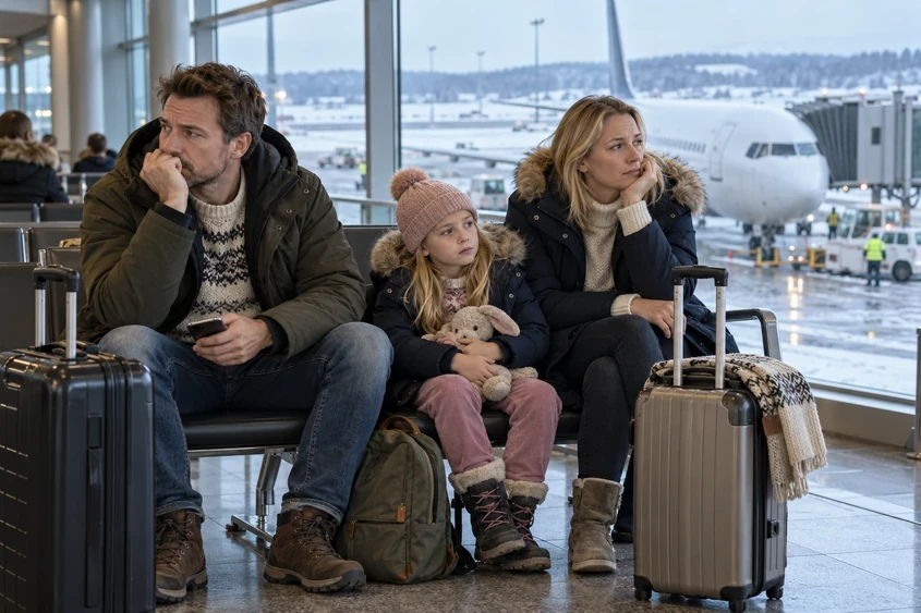 Familie som venter p&aring; et forsinket fly p&aring; en vinterlig flyplass