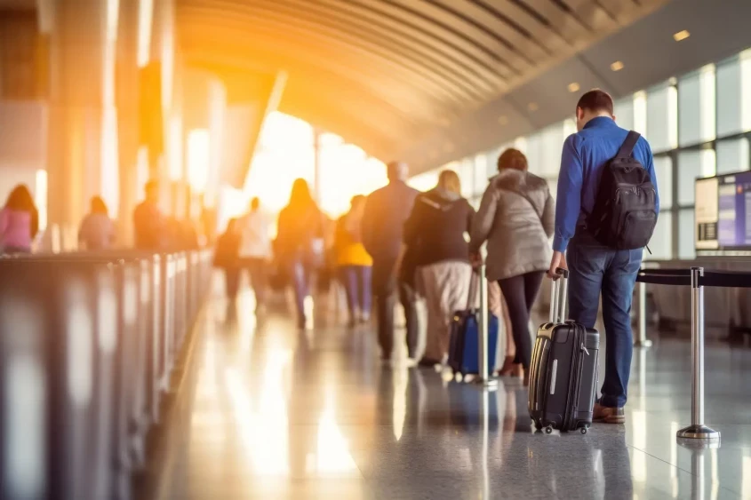 passageiros em fila num terminal de aeroporto