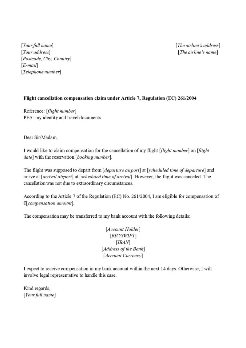 This is a sample letter to claim compensation for cancelled flight