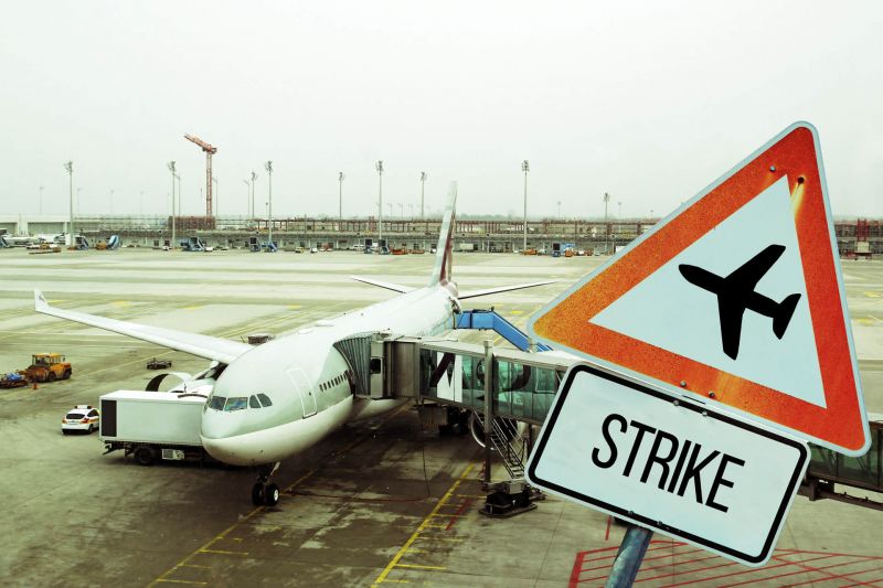 знак забастовки на фоне самолета в аэропорту