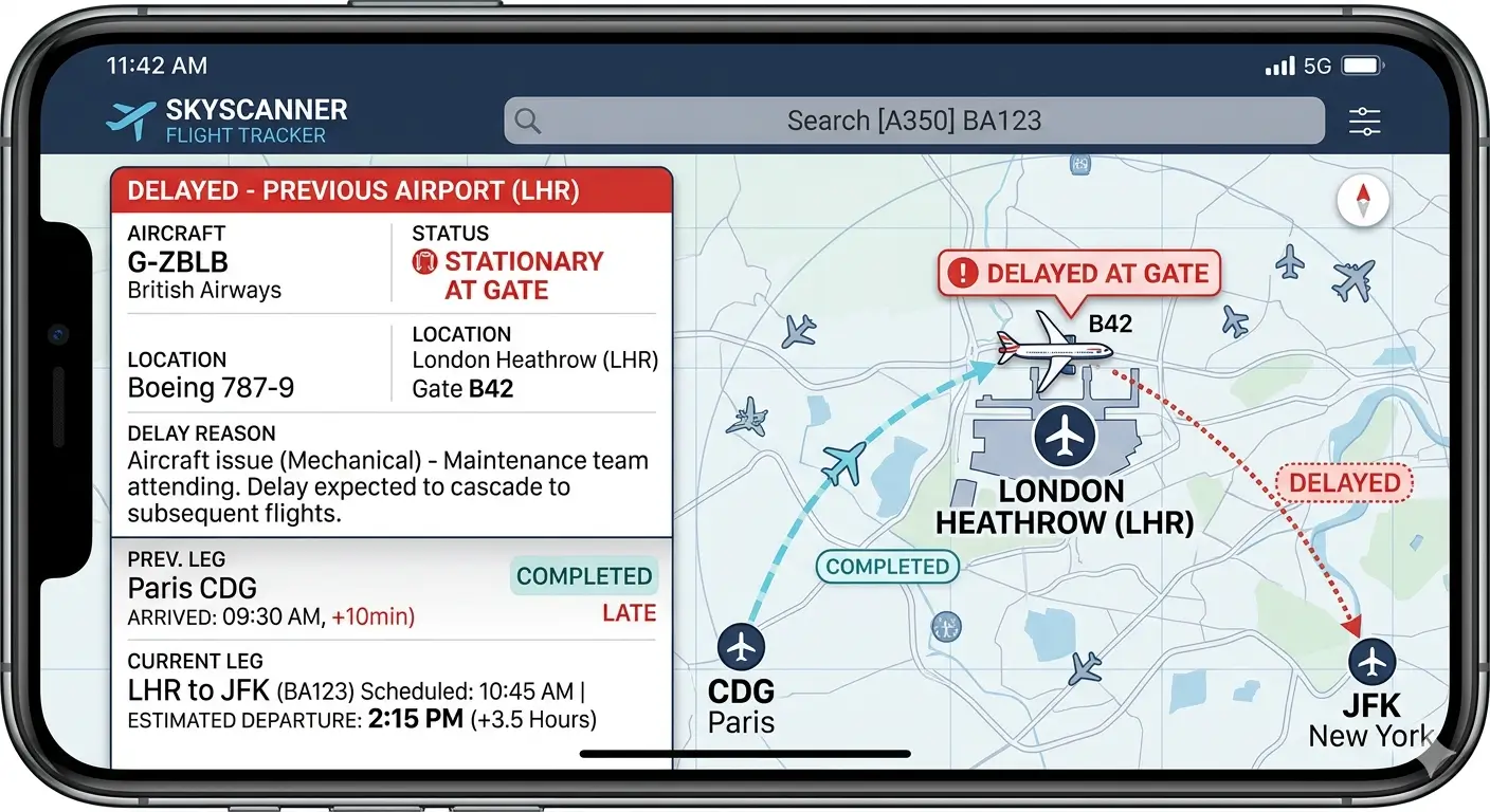 A smartphone screen displaying a flight tracker app with a map showing a plane stationary at London Heathrow Airport, with an information panel indicating a 3.5-hour delay on the subsequent leg to New York JFK due to a mechanical issue.