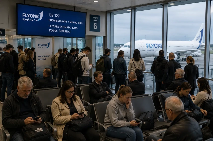 Pasageri FlyOne Rom&acirc;nia așteaptă plecarea zborului &icirc;n zona porții de &icirc;mbarcare