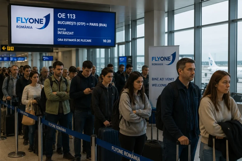 Pasageri care așteaptă plecarea unui zbor FlyOne Rom&acirc;nia &icirc;ntr-un aeroport