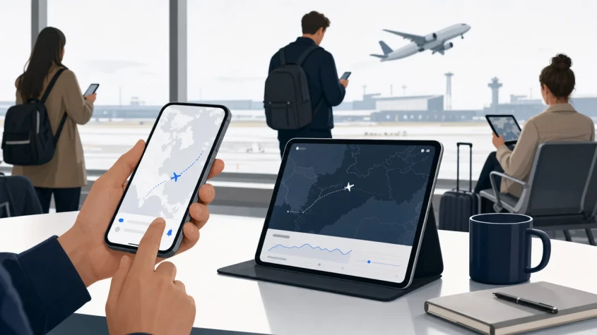Person som f&ouml;ljer ett flygplan via en mobilapp