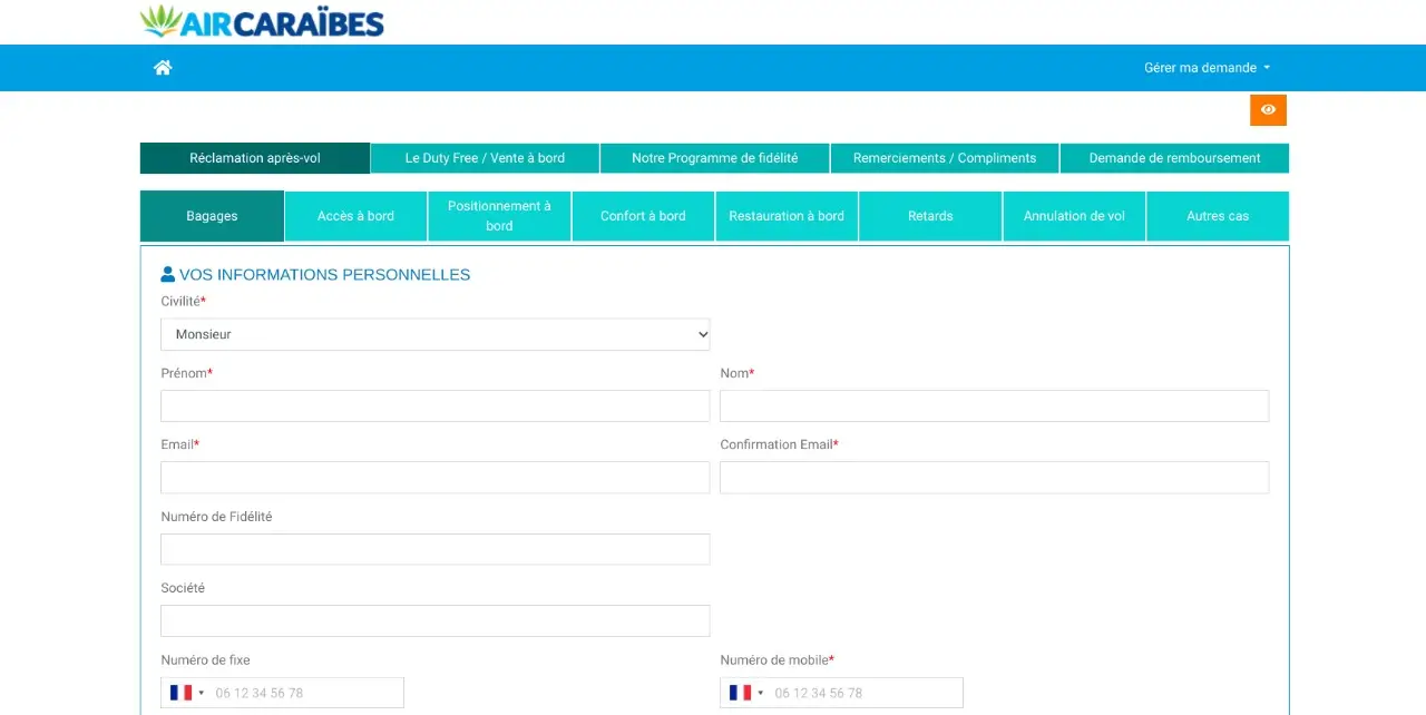 formulaire de contact air caraibes