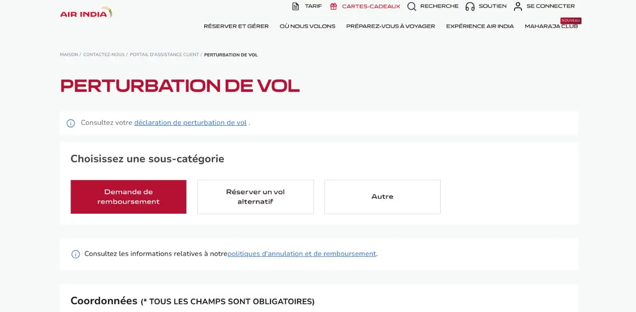 formulaire de contact air india