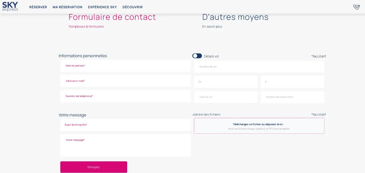 formulaire de contact de sky express