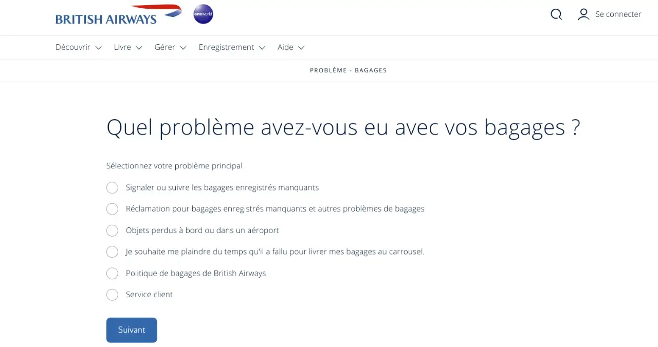 formulaire de plainte pour bagage de BA