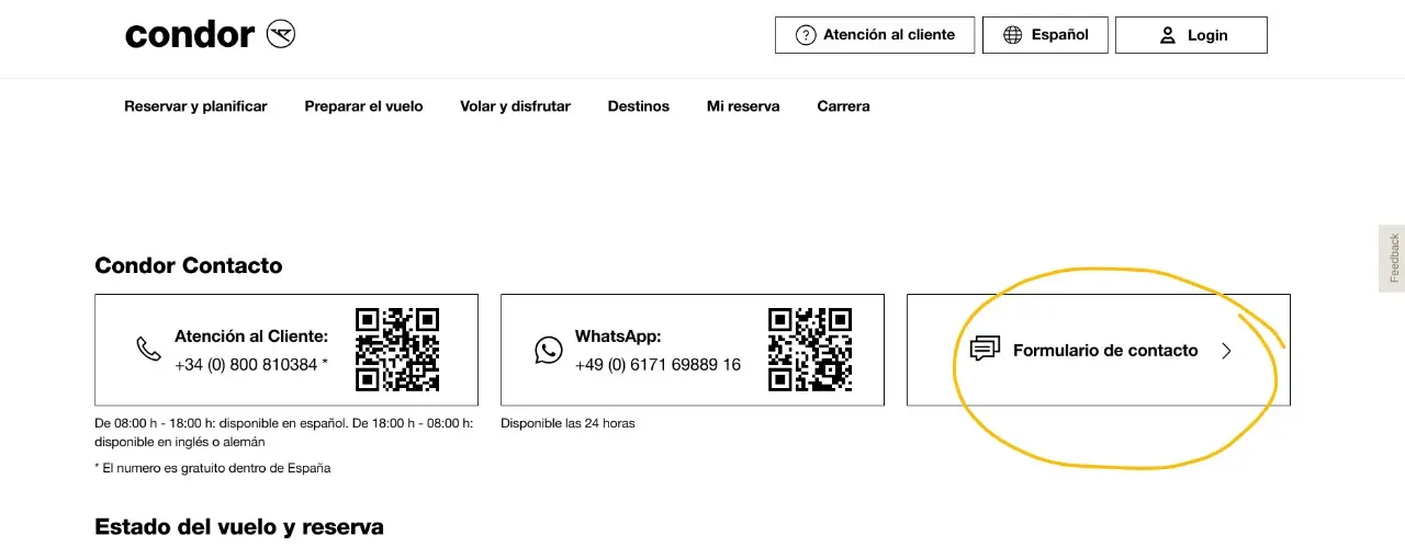 formulario de contacto condor airlines