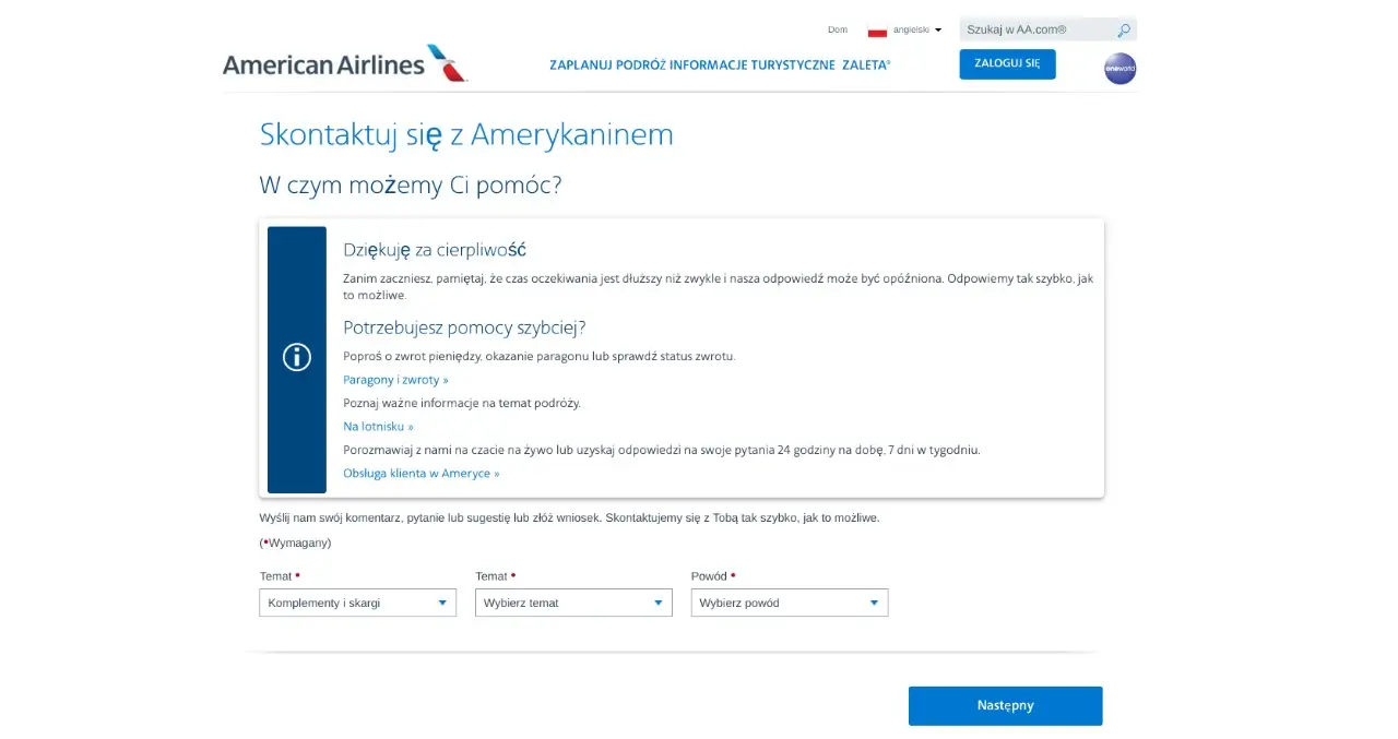 formularz kontaktowy american airlines