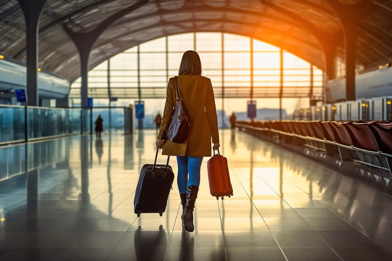 une femme avec une valise dans un aeroport