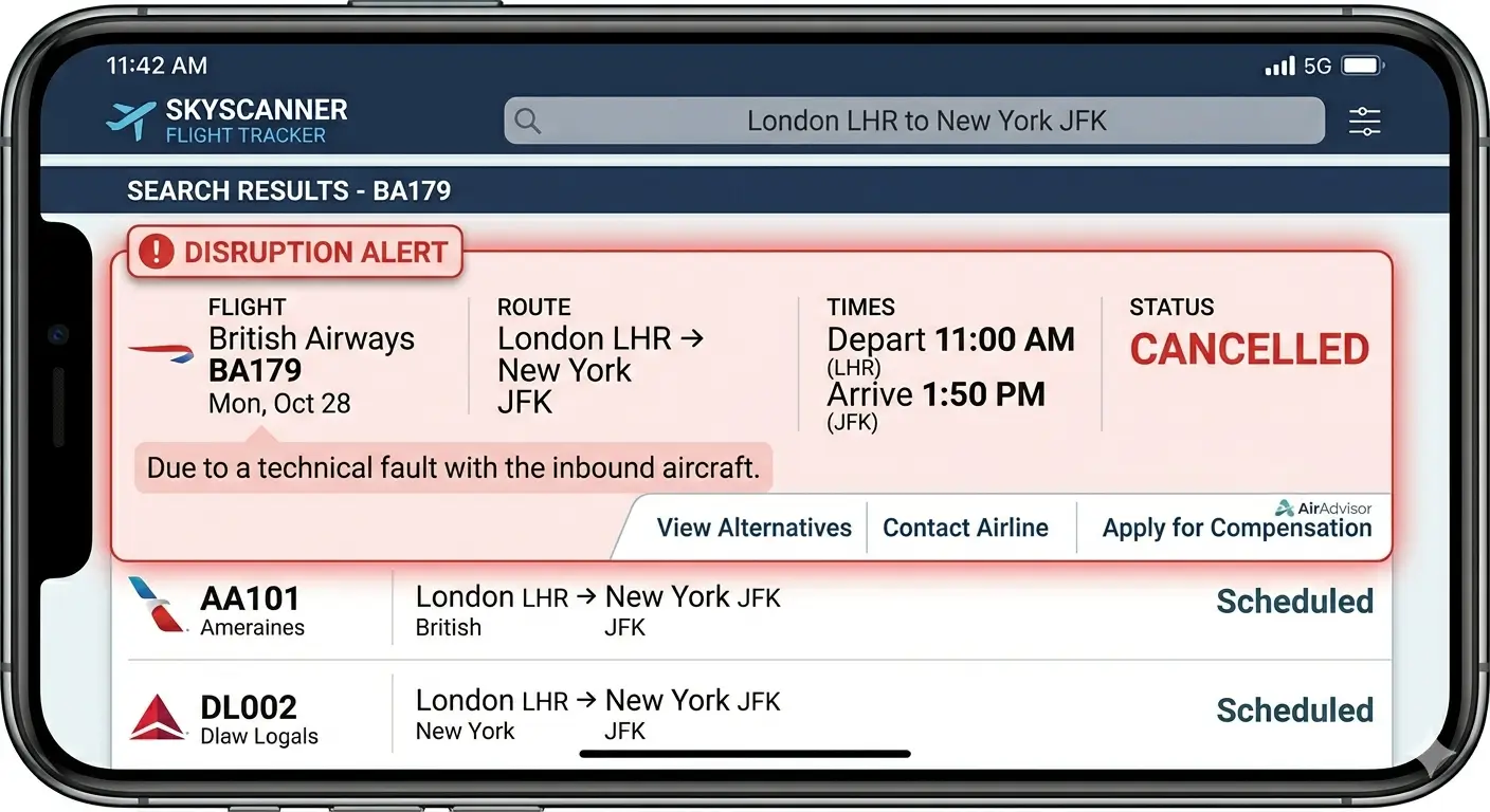 A smartphone screen showing a Google Flights search results interface with a prominent red 'Disruption Alert' box indicating that British Airways flight BA179 to New York JFK is cancelled due to a technical fault with the inbound aircraft.