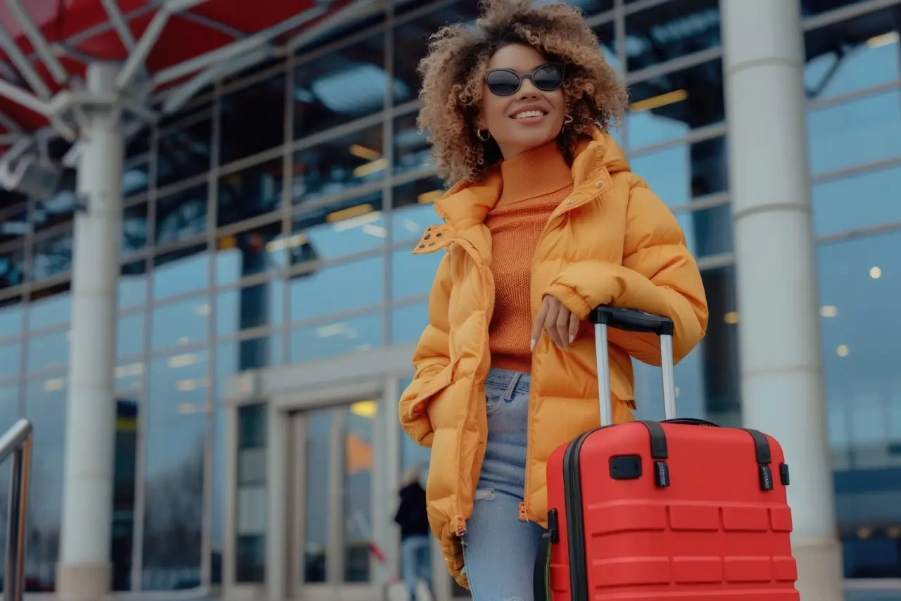 uśmiechnięta kobieta z czerwoną walizką na lotnisku