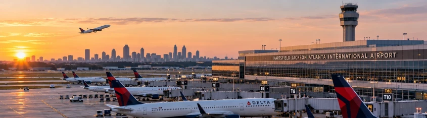 Hartsfield-Jackson Atlanta, verdens travleste flyplass, i solnedgang