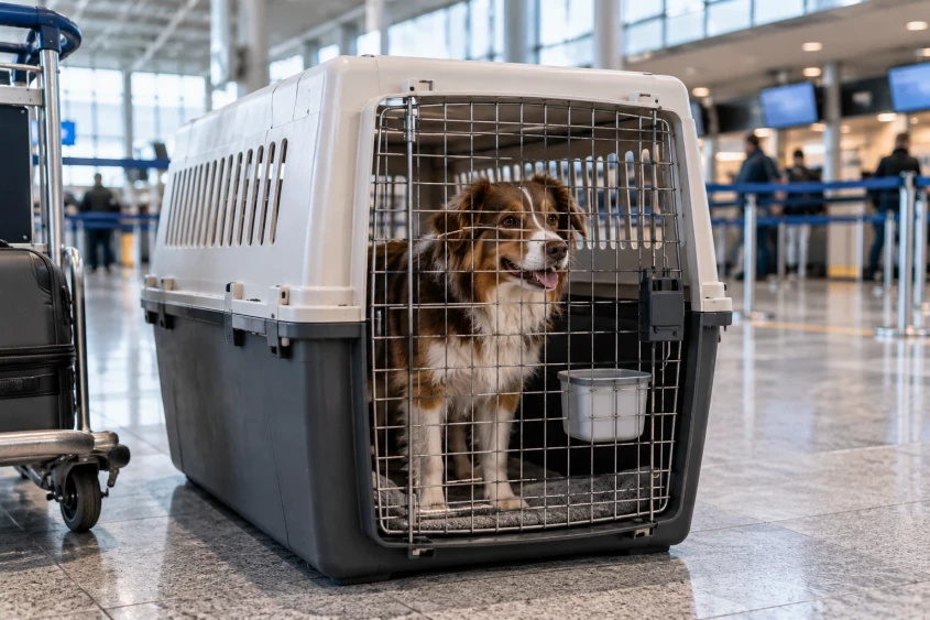 Hund i transportbur p&aring; flyplassen